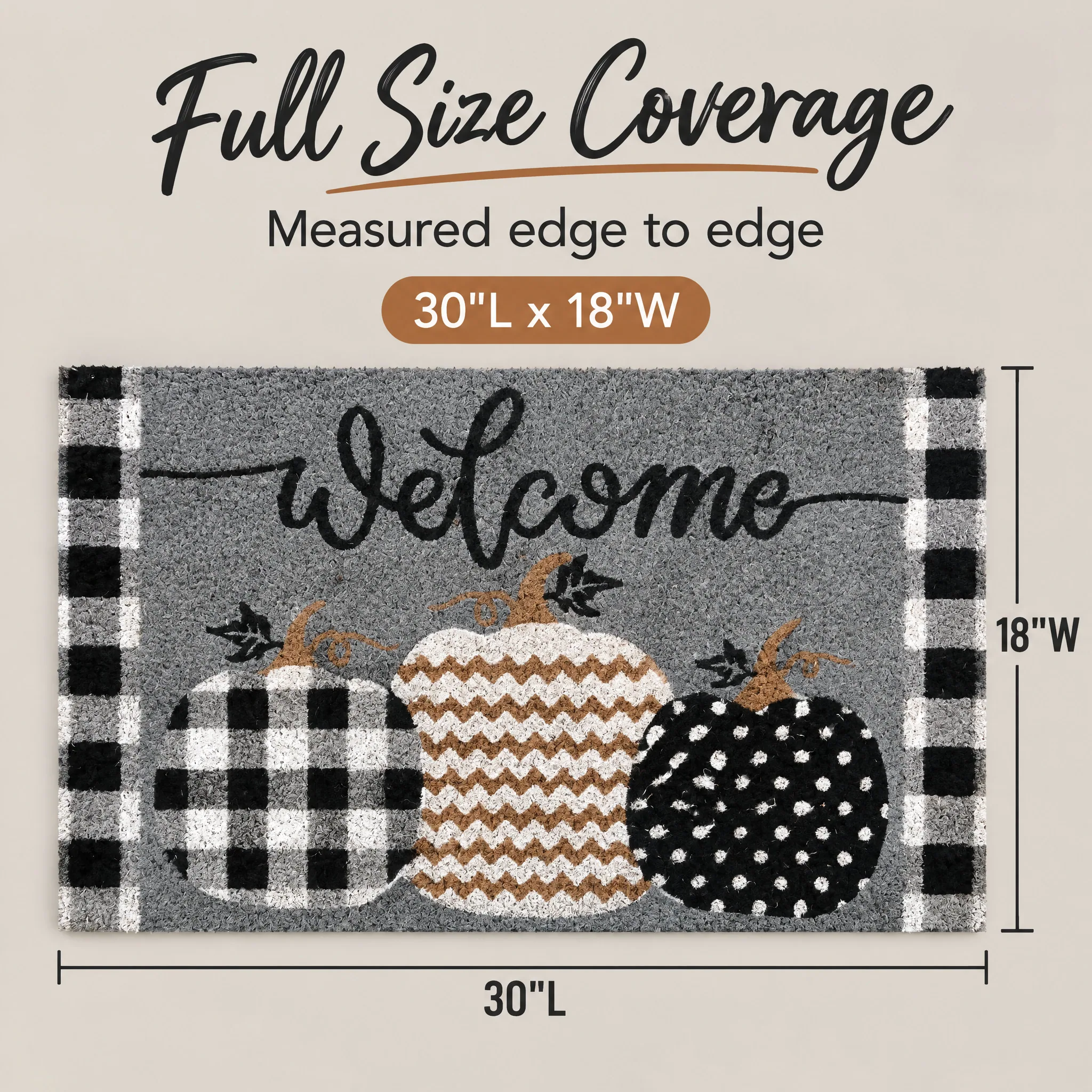 Coir Doormat 30x18 Patterned Pumpkins Fall Natural Fiber for Fall Coir Doormat, scale and dimensions diagram for Amazon