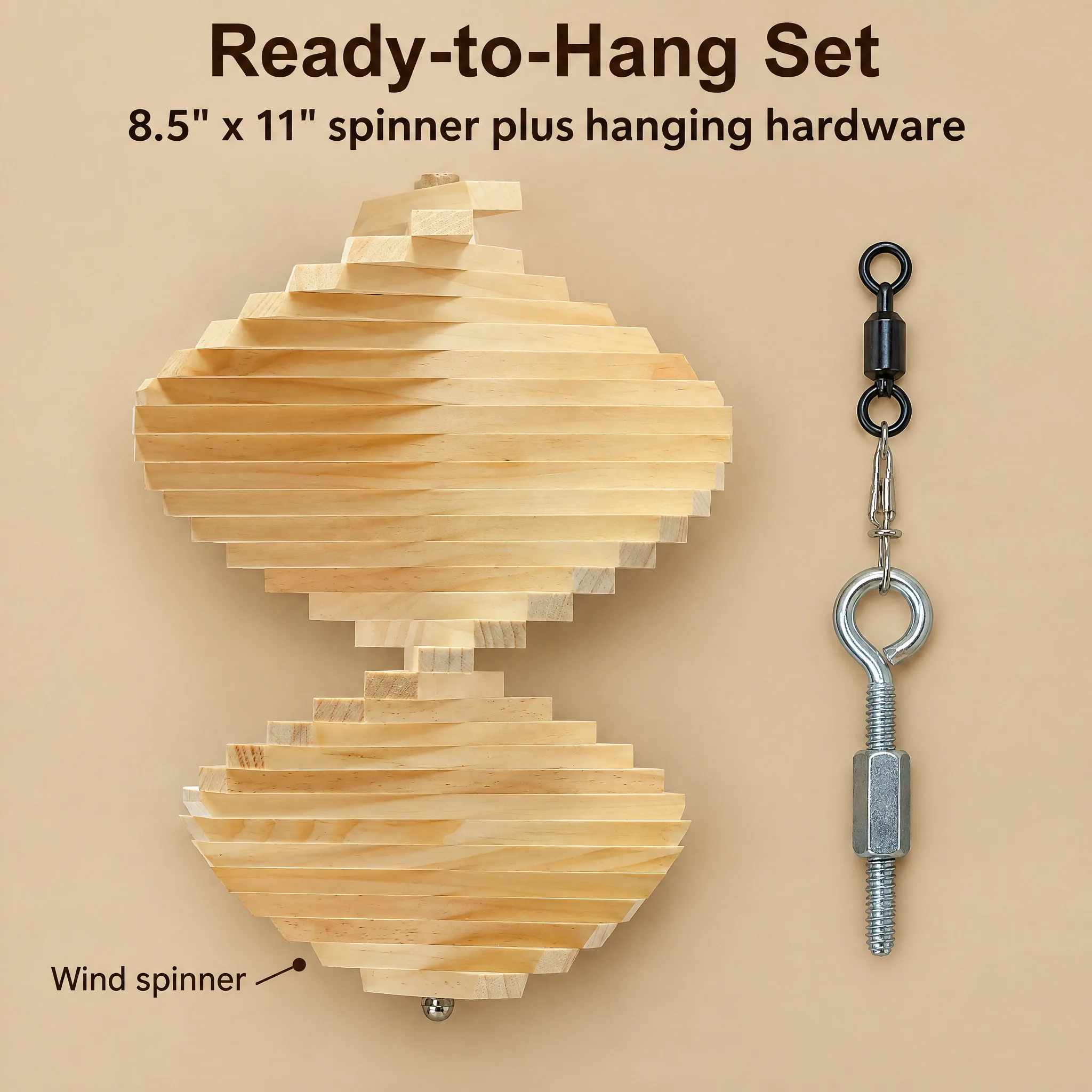 Natural Wood Wind Spinner - Made in USA, what's included, laid out for Amazon