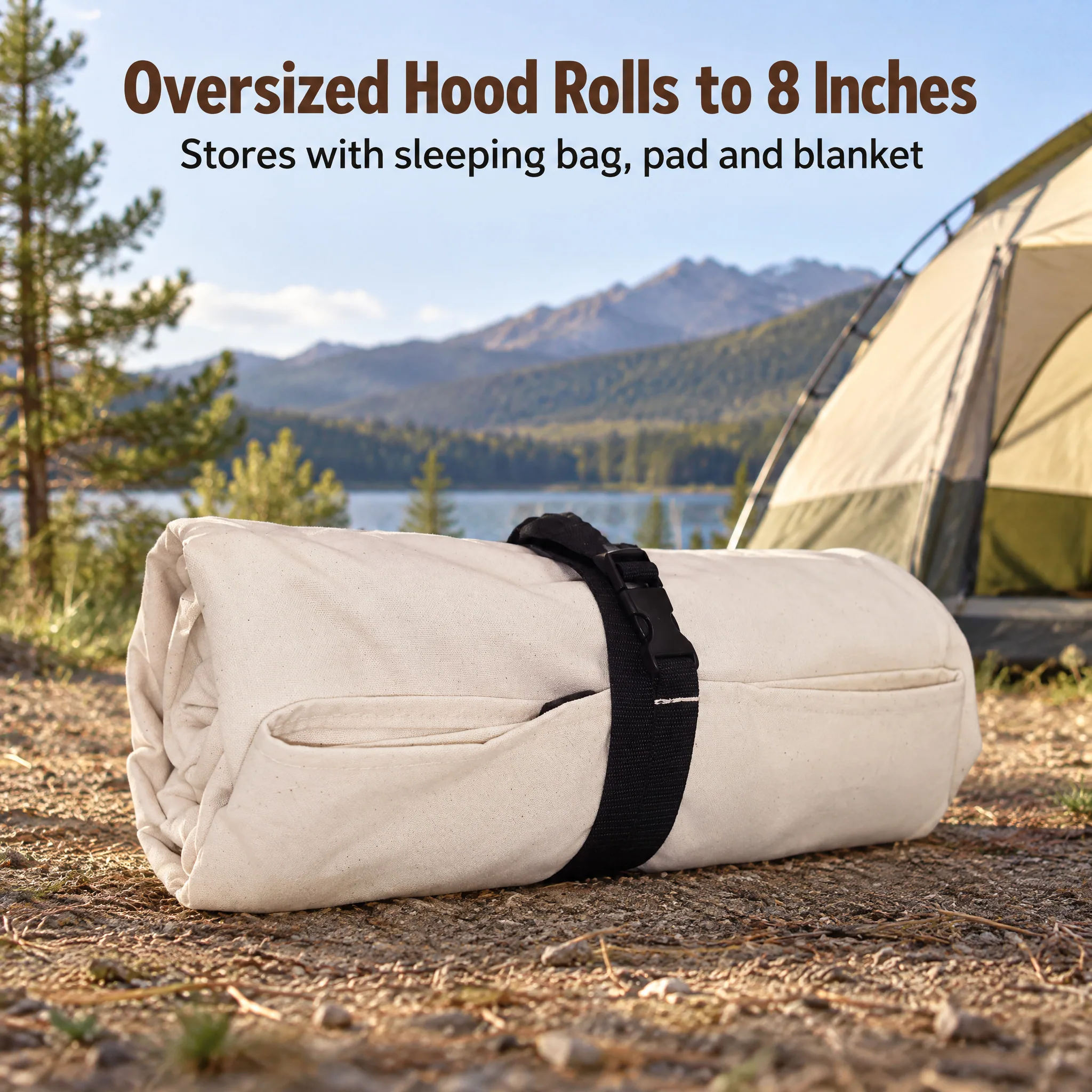 Outfitter Bedroll; Premium 15oz. Grade A Cotton Canvas Cowboy, feature infographic with callouts for Amazon