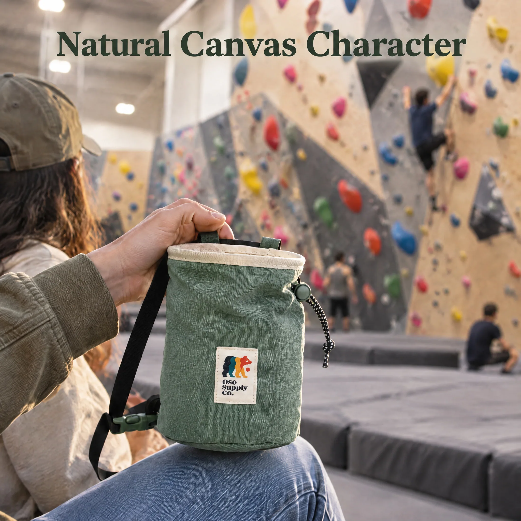 Waxed Canvas Chalk Bag - Zipper Pocket & Mesh Pouch for, lifestyle photograph in a real setting for Amazon
