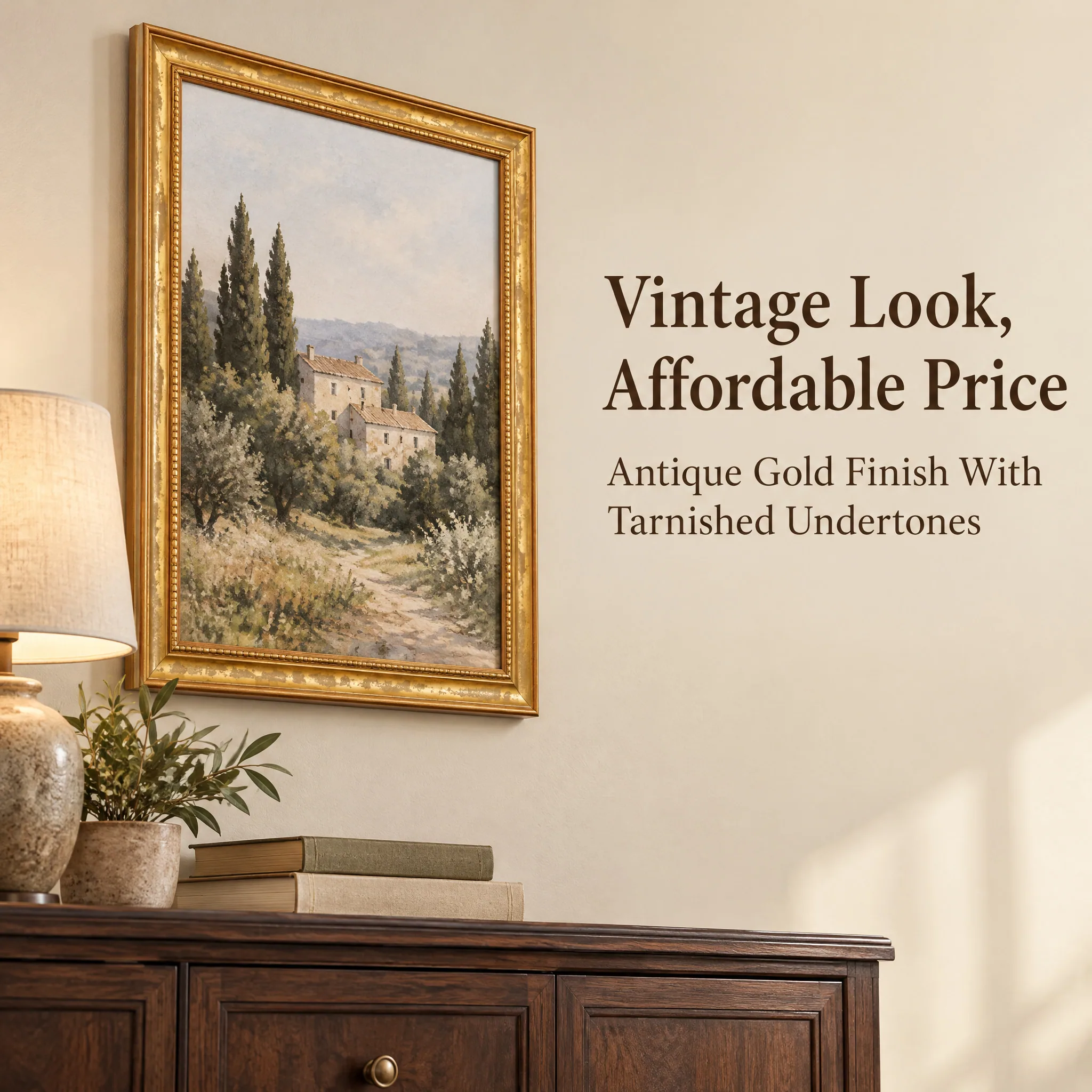 Stratton, Aged Gold Picture Frame, .75" Wide, 18x24 Inch, lifestyle photograph in a real setting (2)