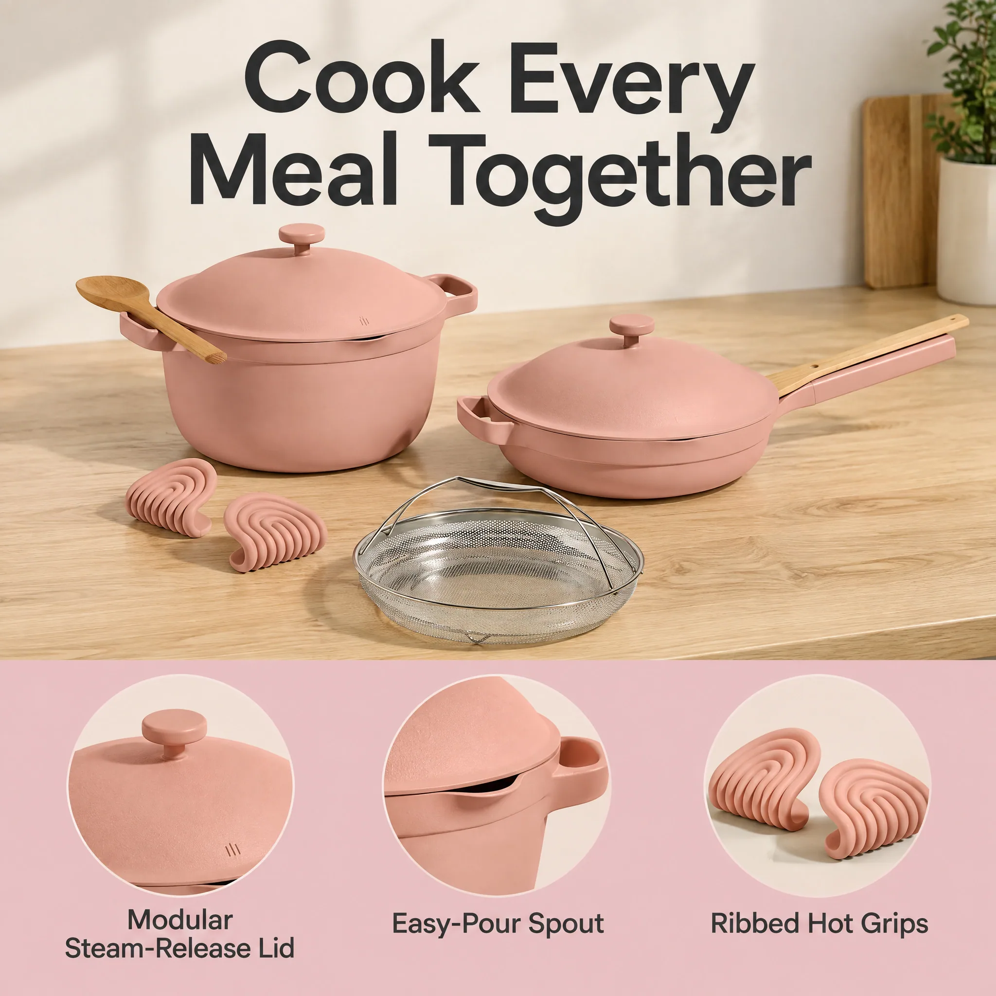 Cook Duo Always Pan & Perfect Pot 2.0 w/ Hot Grips, feature infographic with callouts for TikTok Shop