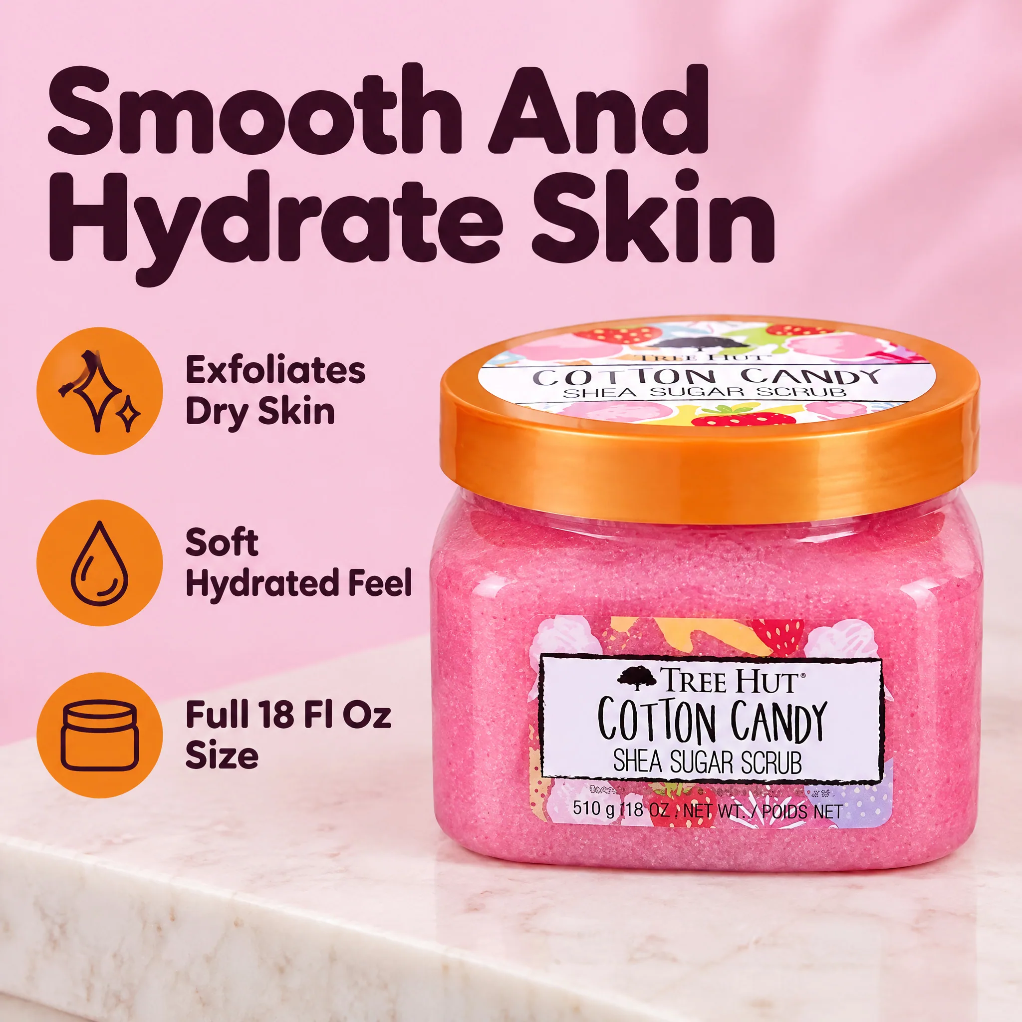 Cotton Candy Shea Sugar Scrub 18 Fl oz Exfoliating Body Scrub, feature infographic with callouts for TikTok Shop
