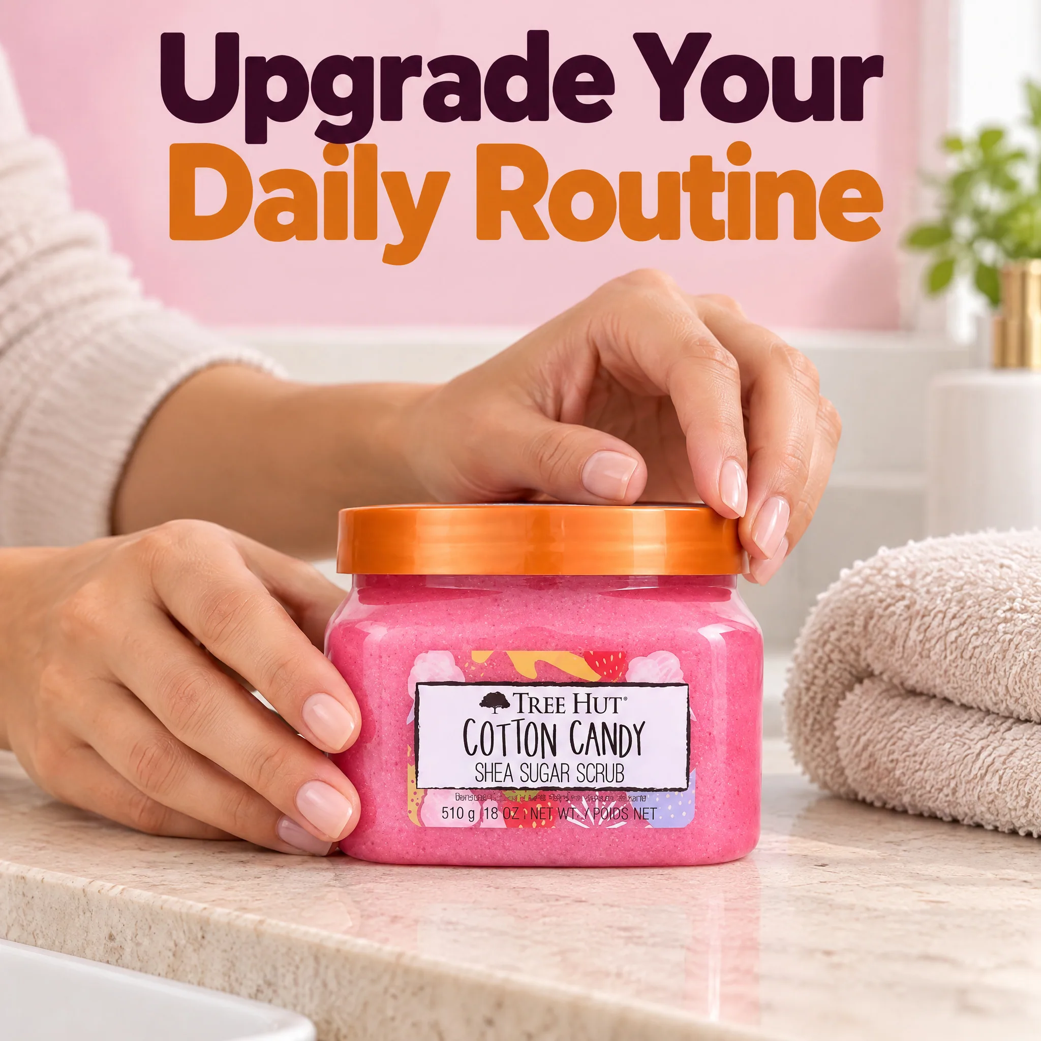 Cotton Candy Shea Sugar Scrub 18 Fl oz Exfoliating Body Scrub, lifestyle photograph in a real setting for TikTok Shop