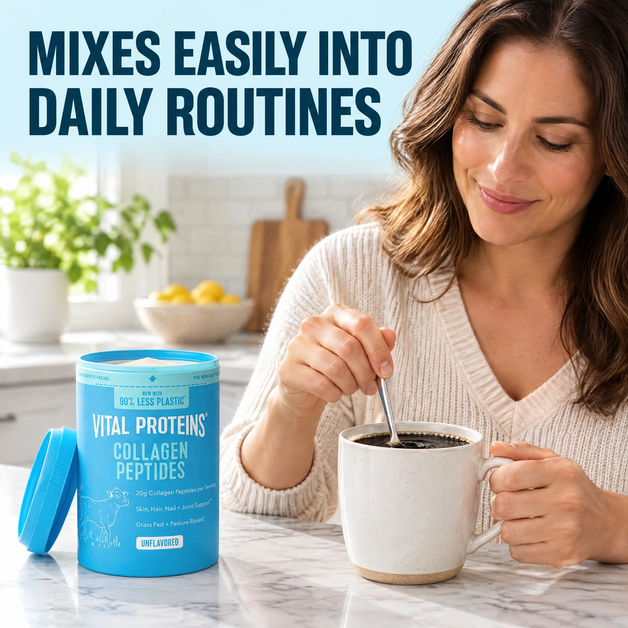 Collagen Peptides Powder Supplement for Hair, Skin, and Nails,, lifestyle photograph in a real setting for Walmart